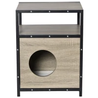 PawHut Wooden Cat House Kitten Condo Shelter Bed w/Soft Cushion Cat Litter Box Enclosure End Table Hideaway Cabinet Storage, Grey(m-8)