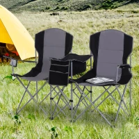 Outsunny 2 Person Folding Camping Chair Oxford Metal Fishing w/ Ice Bag  Cup Holder Black(m-1)