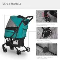 PawHut Travel Pet Stroller for Dogs, Cats, One-Click Fold Jogger Pushchair with Aluminum Frame, EVA Wheels, Brakes, Basket Storage, Safety Belts, Adjustable Canopy, Zippered Mesh Window Door, Blue(m-5)