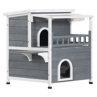 PawHut 2-Story Wooden Cat House Feral Cat Shelter with Transparent PVC Canopy, Balcony, Escape Door and Openable Weatherproof Roof for Outdoor, Grey(m-1)