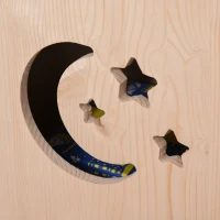 Outsunny Wooden Kids Kitchen with Pots and Pans, Storage Shelf Cabinet, Side Hanger, Sun, Moon, Star Pattern for 3+(m-8)