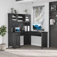 HOMCOM L-Shaped Desk with Hutch, Computer Desk with Drawers, Home Office Corner Desk Study Workstation Table with Storage Cabinets Shelves, Dark Gray(m-9)