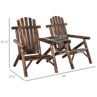 Outsunny Patio Wooden Double Adirondack Chair with Coffee Table Garden Loveseat Bench Vintage Carbonized Color(m-3)