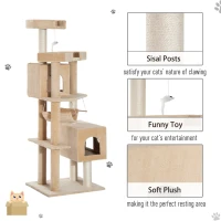 Pawhut 65.2 Inch Cat Tree Scratching Post Pet Furniture with Condo, Hammock, Toy - Beige(m-5)