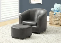 Monarch Kids' Upholstered Leather-Look Barrel Club Chair with Matching Ottoman - Charcoal Grey(m-2)