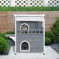 PawHut 2-Story Wooden Cat House Feral Cat Shelter with Transparent PVC Canopy, Balcony, Escape Door and Openable Weatherproof Roof for Outdoor, Grey(m-2)