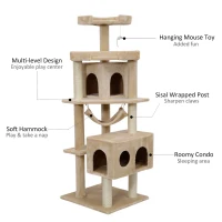 Pawhut 65.2 Inch Cat Tree Scratching Post Pet Furniture with Condo, Hammock, Toy - Beige(m-6)