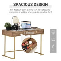 HOMCOM Modern Functional Computer Desk, Vanity Makeup Table with Two Drawers, Metal Frame, Wood Effect Top and Gold Leg for Bedroom, Office(m-5)