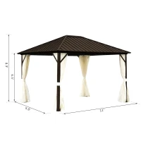Outsunny 10' x 12' Hardtop Patio Deluxe Steel Gazebo Garden Sun Shelter Aluminum Frame Heavy Duty Outdoor Hardroof Pavilion with Curtains and Netting Beige(m-3)