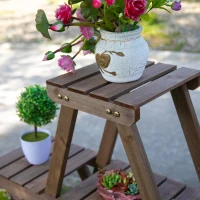 Outsunny 57'' x 14'' x 41'' 4 Tier Wooden Plant Shelf with Wheels Rolling Plant Pots Holder Stand Indoor Outdoor(m-10)