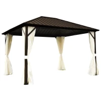 Outsunny 10' x 12' Hardtop Patio Deluxe Steel Gazebo Garden Sun Shelter Aluminum Frame Heavy Duty Outdoor Hardroof Pavilion with Curtains and Netting Beige(m-8)
