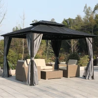 Outsunny 10' x 10' Steel Hardtop Gazebo Garden Sun Shelter with Mosquito Netting and Curtains Hanging Hook Aluminum Frame(m-1)