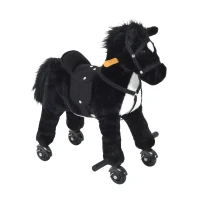Qaba Kids Interactive Plush Mechanical Walking Ride On Horse Toy with Wheels - Black(m-1)