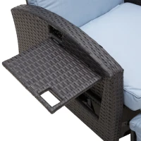 Outsunny Patio Recliner, Outdoor Reclining Chair with Flip-Up Side Table, All-Weather Wicker Metal Frame Chaise with Footrest, Cushions, Coffee, Blue(m-10)