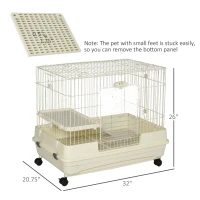 PawHut 2-Level Small Animal Cage Rabbit Hutch with Wheels, Removable Tray, Platform and Ramp for Bunny, Chinchillas, Ferret, White(m-3)