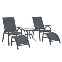 Outsunny 5pcs Outdoor Sling Bistro Set Garden Sun Lounger Chaise Lounge Reclining Chair w/Side Table & Ottoman  Balcony Furniture Grey(m-1)