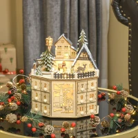 HOMCOM Christmas Advent Calendar, Light Up Table Xmas Wooden Holiday Decoration with Countdown Drawers and Village, for Kids and Adults, Natural(m-9)