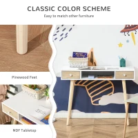 HOMCOM Kids Wooden Work Study Desk Makeup Vanity and Writing Computer Table with Storage Drawers & Pinewood Legs, White and Natural(m-6)