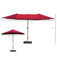 Outsunny Patio Umbrella 15' Steel Rectangular Outdoor Double Sided Market with base, UV Sun Protection & Easy Crank for Deck Pool Patio, Wine Red(m-3)