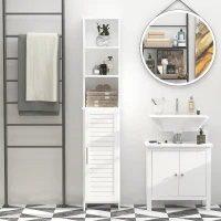 kleankin Tall Bathroom Floor Cabinet, Freestanding Linen Tower with Adjustable Shelf and Cupboard, Narrow Side Storage Organizer, White(m-8)