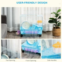 PawHut Hamster Cage, Gerbil Haven, Multi-storey Rodent House, Small Animal Habitats, Large Hide-out, w/ Water Bottle, Tubes, Exercise Wheel, Food Dish, Ramp, Shower Room, Light Blue(m-6)