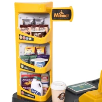 Qaba Kids Supermarket Playset with Shopping Cart Pretend Play Set Toys with Working Scanner & Credit Card Reader Play Toy Accessories Light & Sound for 3 to 6 Years Brown(m-9)