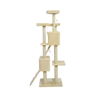 PawHut 71in Deluxe Multi-Level Scratching Cat Tree Play House with Two Condos and Toys Beige(m-5)