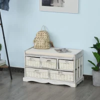 HOMCOM Wooden Shoe Bench with Cushion, Entryway Bench with 5 Removable Storage Baskets for Entryway, Living Room, Cream White(m-2)