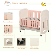 Qaba Baby Crib 3 In 1 Design Toddler Cot Cradle Beside Sleeping Cot with Storage Function Detachable Lockable Wheels for Infant Newborn Age 0 to 6 Months,Pink(m-6)