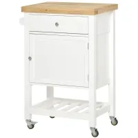 HOMCOM Utility Kitchen Cart, Rolling Kitchen Island with Smooth Rubberwood Top, Narrow Butcher Block Surface on Wheels with Storage Drawer & Cabinet, White(m-11)