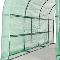 Outsunny 10' x 5' x 7' Lean to Greenhouse, Walk-In Wall Green House Plant Nursery with 2 Roll-up Doors and Window, PE Cover and 3 Wire Shelves, Green(m-10)