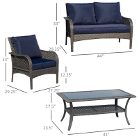 Outsunny 4-Piece Outdoor Wicker Sofa Set, Outdoor PE Rattan Conversation Furniture with 4 Chairs & Table, Water-Fighting Material, Blue(m-3)