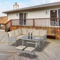 Outsunny 6 PCS Outdoor Patio Dining Table Sets All Weather PE Rattan Sofa Chair Furniture set Indoor Outdoor Backyard Garden with Cushions Khaqi(m-1)