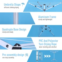 HOMCOM 52.5ft Foldable Clothes Aluminum Umbrella Shaped Drying Rack Dryer 4 Arms 20 Lines Indoor Outdoor Pre-Assembled(m-4)