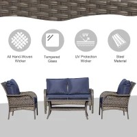 Outsunny 4-Piece Outdoor Wicker Sofa Set, Outdoor PE Rattan Conversation Furniture with 4 Chairs & Table, Water-Fighting Material, Blue(m-4)