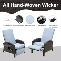 Outsunny Patio Recliner, Outdoor Reclining Chair with Flip-Up Side Table, All-Weather Wicker Metal Frame Chaise with Footrest, Cushions, Coffee, Blue(m-7)