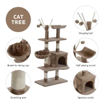PawHut 53" Multi-Level Scratching Cat Tree Play House with Two Condos and Toys Light Brown(m-4)