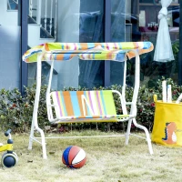 Outsunny Kids Porch Swing, Outdoor 2-Seat Children Patio Chair, Toddler Glider with Adjustable Canopy, Seat Belt for Garden Backyard Colorful Stripes(m-2)