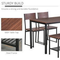 HOMCOM Industrial 4 Piece Dining Room Table Set with Bench Wooden Kitchen Table and Chairs w/ Storage Rack for Kitchen, Dinette, Rustic Brown/Black(m-5)