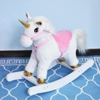 Qaba Kids Plush Toy Rocking Horse Unicorn with Realistic Sounds - White/Golden(m-1)