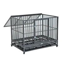 PawHut Heavy Duty Dog Cage Wheeled Pet Crate Exercise Kennel Double Door w/ Metal Tray Grey(m-2)