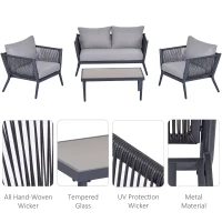 Outsunny 4 PCs PE Rattan Wicker Sofa Set Outdoor Conservatory Furniture Lawn Patio Coffee Table w/ Cushion Light Grey(m-4)