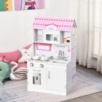 Qaba 2 in 1 Multifunctional Kids kitchen Doll House Toddler Pretend Play Toy Kitchen with Accessories Realistic Play Cooking Set for Girls Boys Pink(m-1)