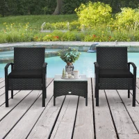 Outsunny 3 Pieces Wicker Patio Furniture Set, Rattan Bistro Set with Coffee Table and Cushions, Outdoor Conversation Set for Garden, Porch, Balcony, Black(m-1)