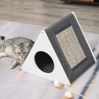 PawHut Wooden Cat House Triangle Shaped Bed Kitten Condo with Removable Cushion, Sisal Scratching Carpet, Grey and White(m-9)