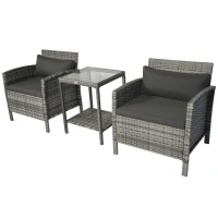 Outsunny 3 Pieces Wicker Patio Furniture Set, Rattan Bistro Set with 2-Tier Coffee Table, Extra Wide Chairs and Cushions, Outdoor Conversation Set for Garden, Porch, Balcony, Grey(m-2)