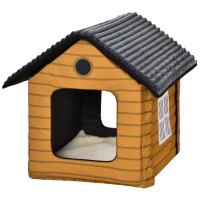 PawHut Heated Cat House Condo, Foldable Enclosed Pet House with Heating Pad for Cats or Small Dogs, Use for Indoor or Covered Outdoor Areas, Log Cabin Design(m-9)