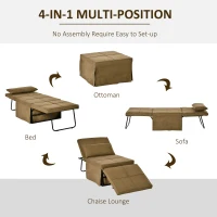 HOMCOM 4-in-1 Multi Function Folding Single Sofa Bed with Retractable Footrest, Convertible Sleeper with Adjustable Backrest For Living Room and Small Spaces, Brown(m-5)