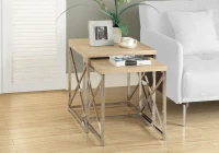 Monarch Contemporary 2 Piece Wood Grain-Look Top Chrome Metal Frame Accent Side Nesting Table Set - Natural Finish(m-2)