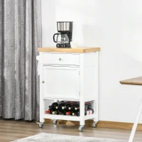HOMCOM Utility Kitchen Cart, Rolling Kitchen Island with Smooth Rubberwood Top, Narrow Butcher Block Surface on Wheels with Storage Drawer & Cabinet, White(m-9)